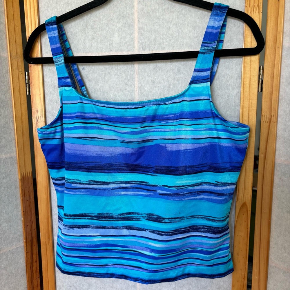 Vintage Le Cove Women’s Sz 14‎ Tankini Swimsuit Top Blue Stripes Padded Tank